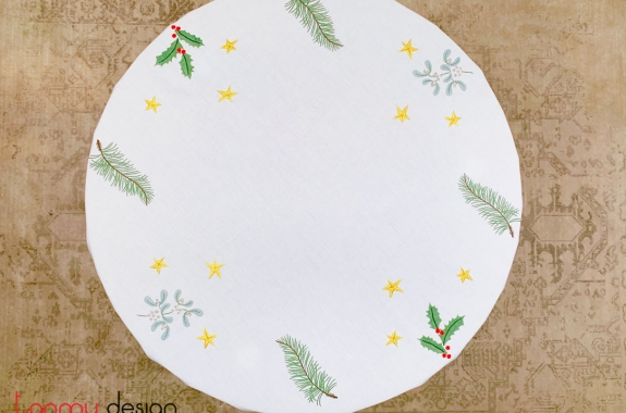 Christmas round table cloth included with 8 napkins-Pine leaf embroidery (size 180 cm)
